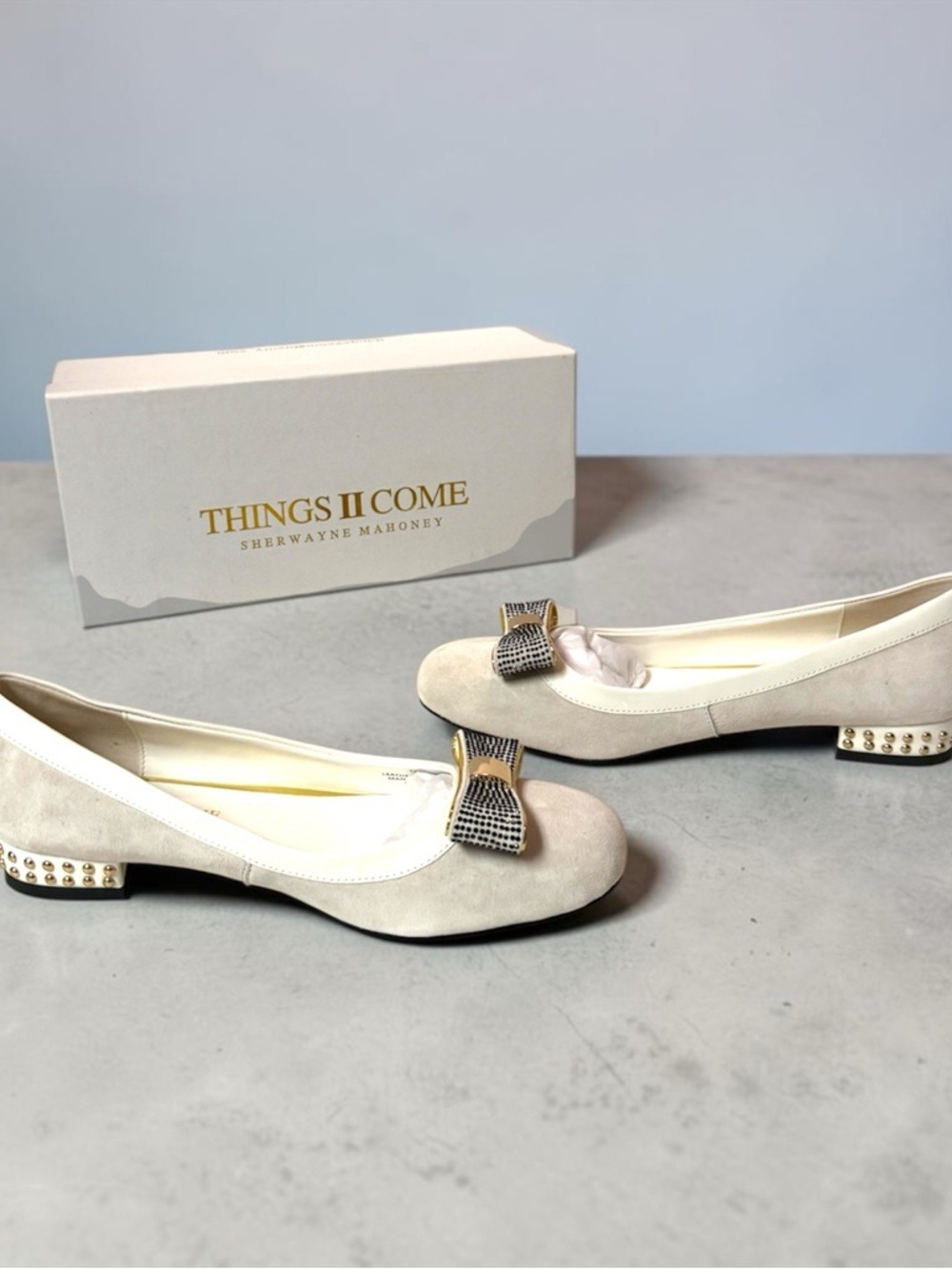 Cream Suede Bow Flats with Studded Heel